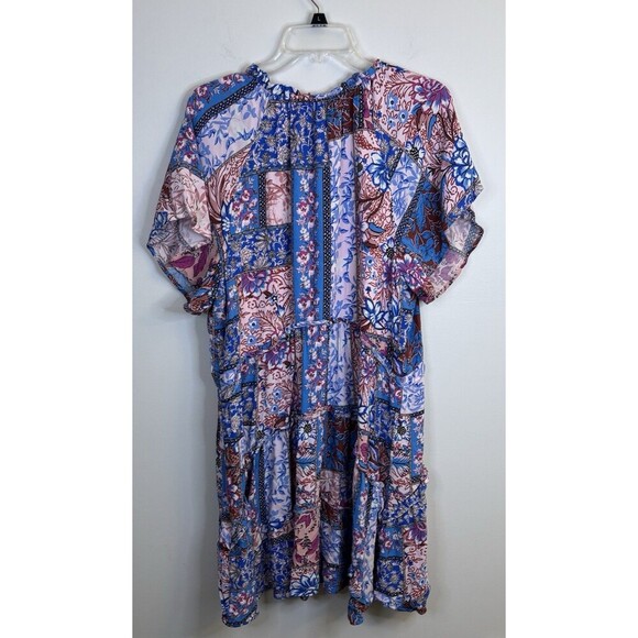 ANTHROPOLOGIE Robin Mini Dress Women XL Blue Pink Florals Tiered SS Boho Chic - Picture 4 of 12